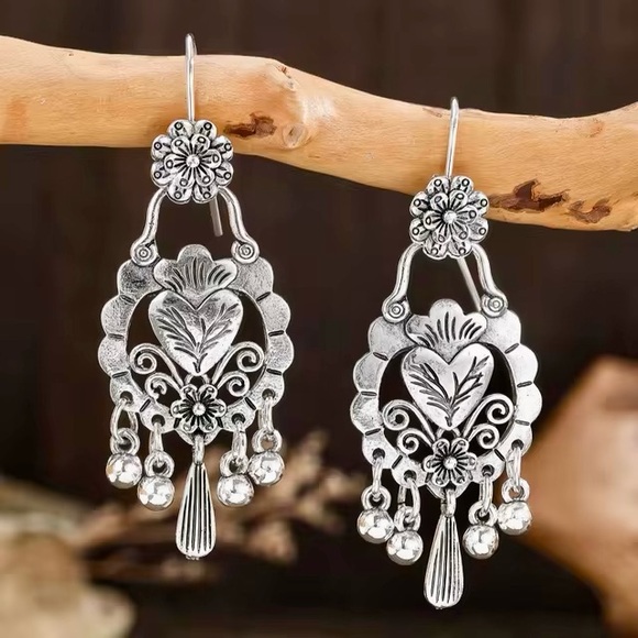 Silver Floral Heart Dangle Earrings - Mexican Folk Art Style - Picture 2 of 4